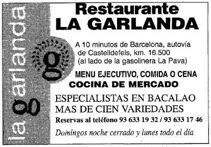 Anuncio del restaurante 'La Garlanda' de Gav Mar publicado en el diario EL MUNDO DEPORTIVO (24 de Julio de 1998)